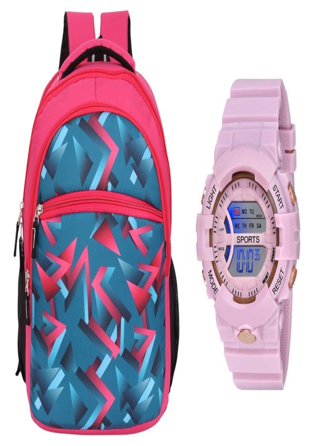 RBM New Combo Of Digital LED Watch And Trendy Colorful Pattern Printed Kids School Backpack Waterpoof Polyester Bag For Boys & Girls (NUR/LKG/UKG/1st/2nd Class)(RBMBAG06+WCH68) - Image 1